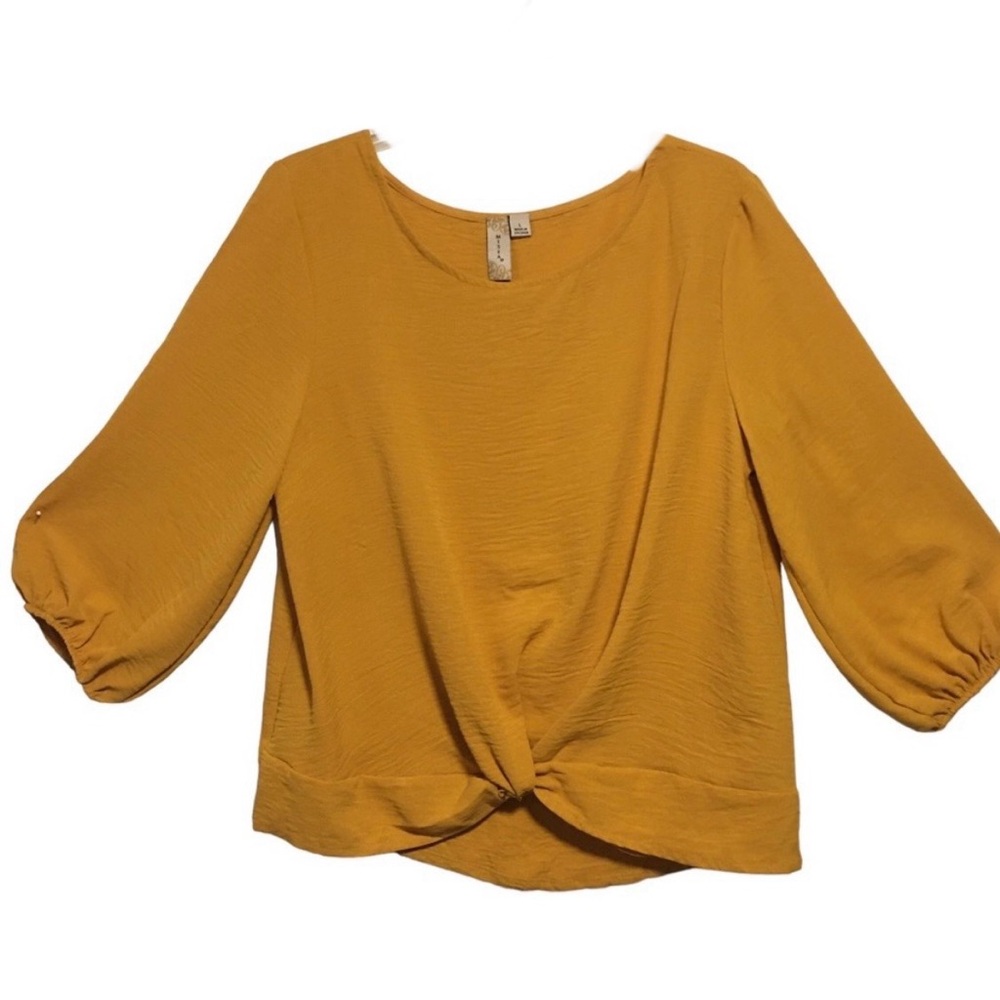 Misia Twist front lightweight top Mustard Gold scoop neck 3/4 elastic sl…